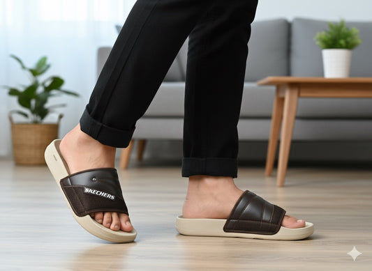 Skechers Men’s Brown Soft Medicated Slippers – Trendy Comfort Slide with PU Sole
