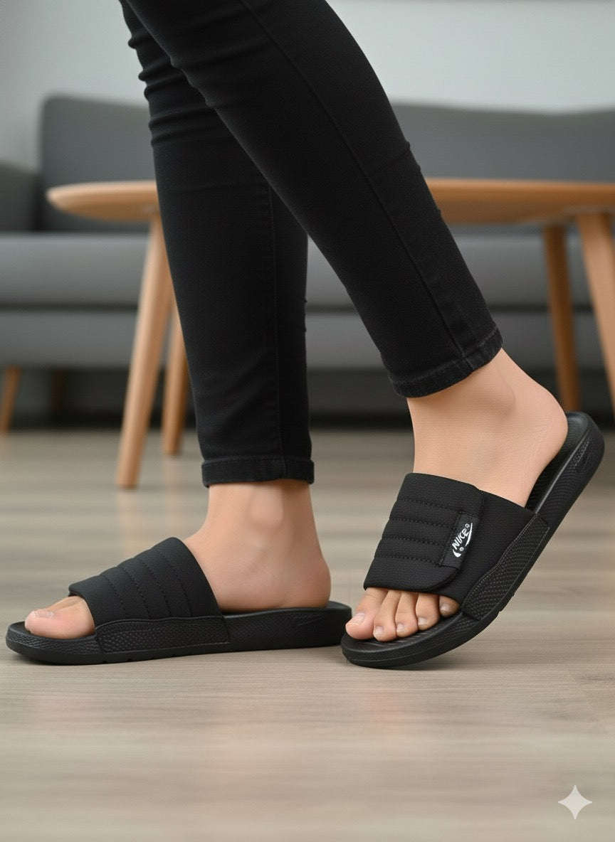 Adjustable Black Slides | Stylish Soft Cushion Anti-Slip Water Resistant Slippers