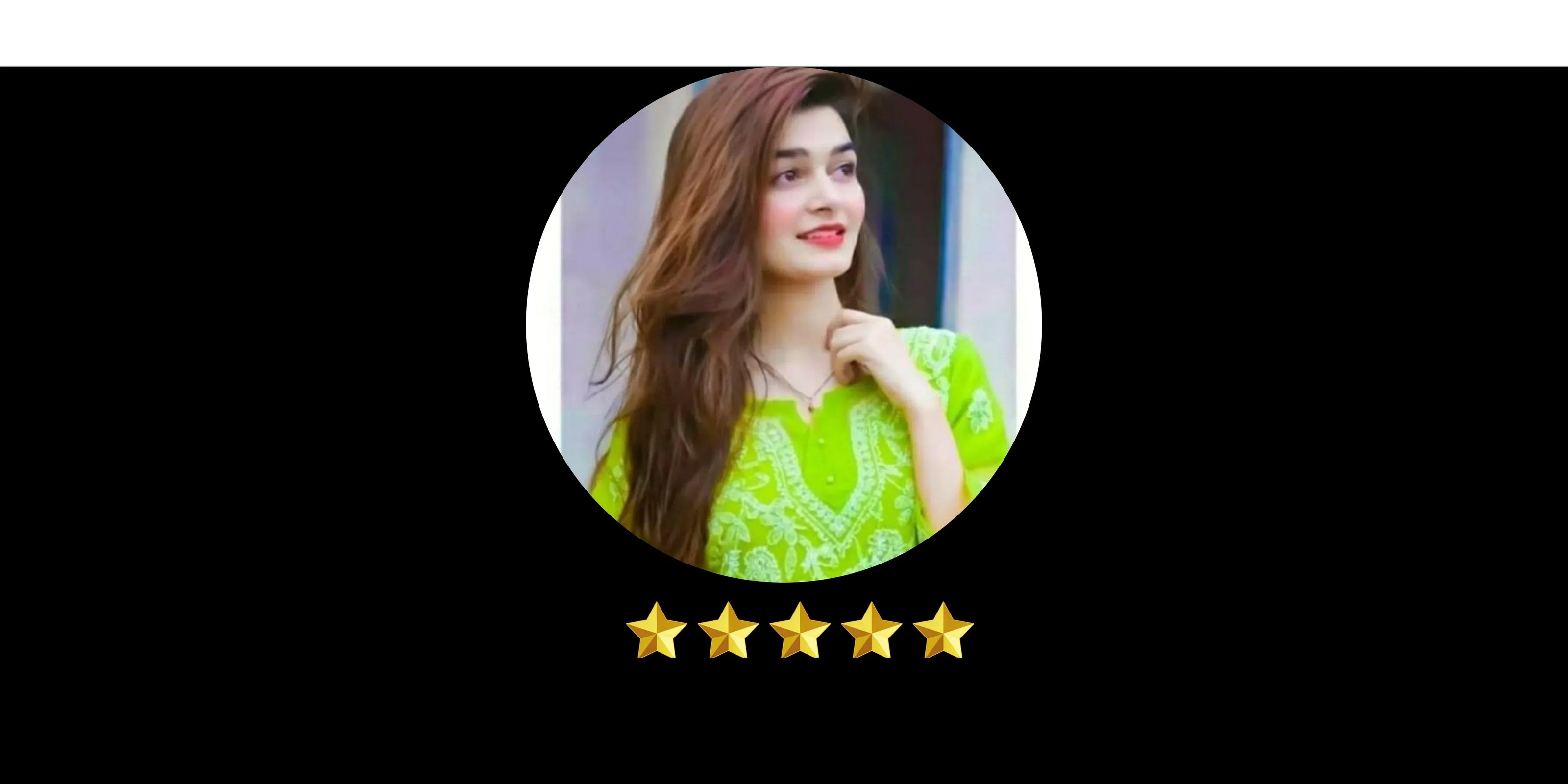 Woman in green embroidered outfit with long hair and five-star rating on black background