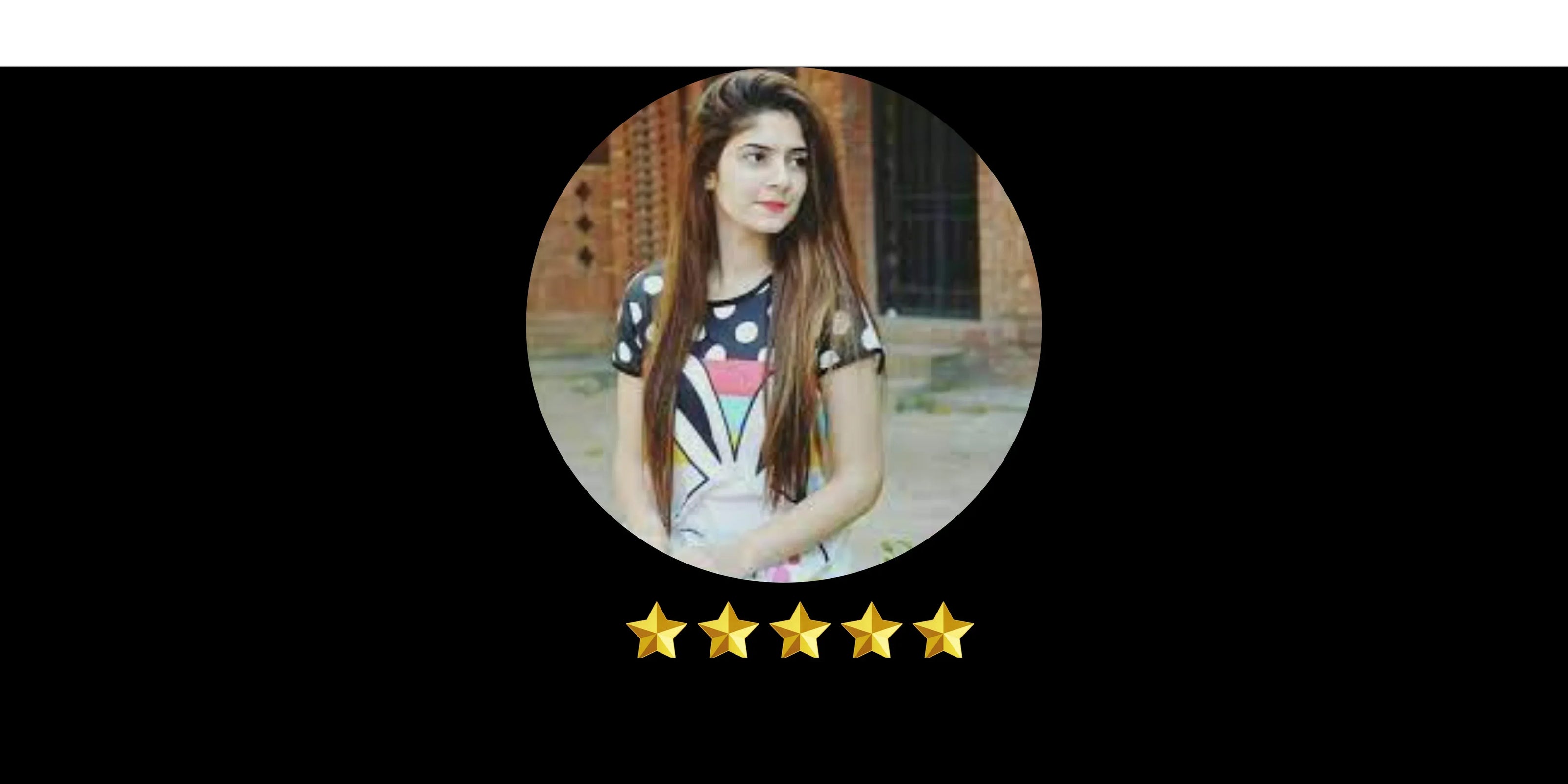 Customer review graphic with five gold stars and a young woman in casual outfit