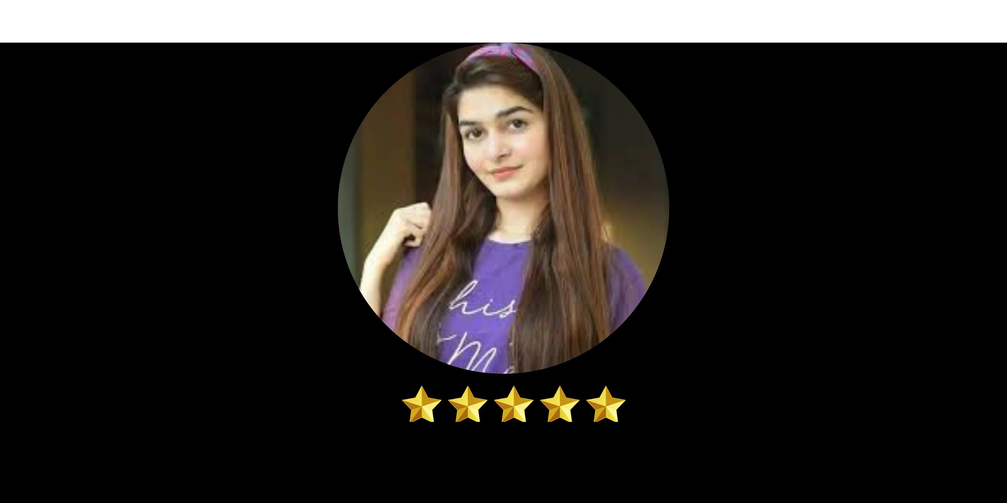 Young woman in purple shirt with headband, five-star customer review, black background