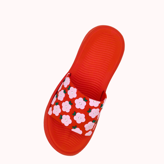 Red Floral Printed Women’s Slippers – Comfortable & Stylish Summer Slides InDoor Steps Footwear