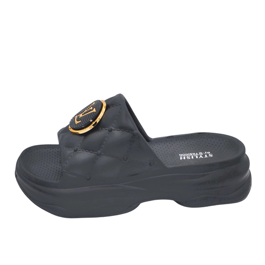 Women's Black Platform Slippers – Stylish Medicated Soft Sole | Quilted Design | Imported Quality InDoor Steps Footwear