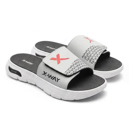 Grey and black indoor slide sandals with adjustable strap, X-WAY logo, comfortable sole