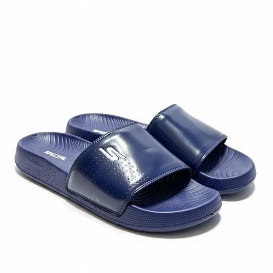 Navy blue indoor slide sandals with textured footbed and sporty design for comfort footwear
