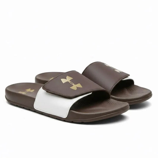 Brown and white indoor slide sandals with gold emblem, comfortable open-toe footwear