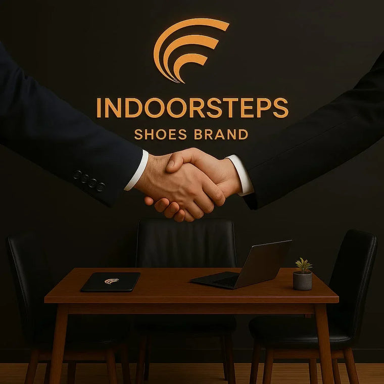 Business handshake in modern office, Indoor Steps shoes brand logo in background, footwear industry