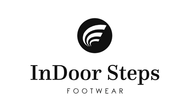 Minimalist logo with stylized foot icon, text reading 'InDoor Steps Footwear' for premium shoes
